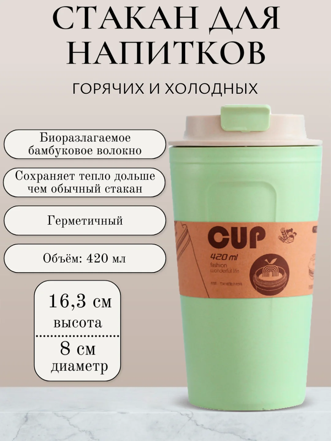 Мятный стакан многоразовый для горячих и холодных напитков, термостакан из бамбукового волокна
