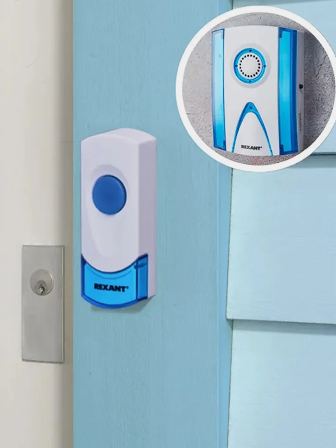 Беспроводной дверной звонок REXANT RX-3, 32 мелодии, 100м, кнопка, IP44,белый/синий