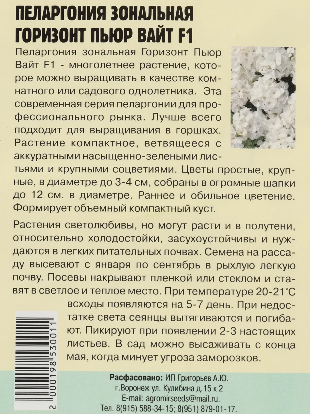 Пеларгония зональная Horizon Pure White F1 (семена,цветы)