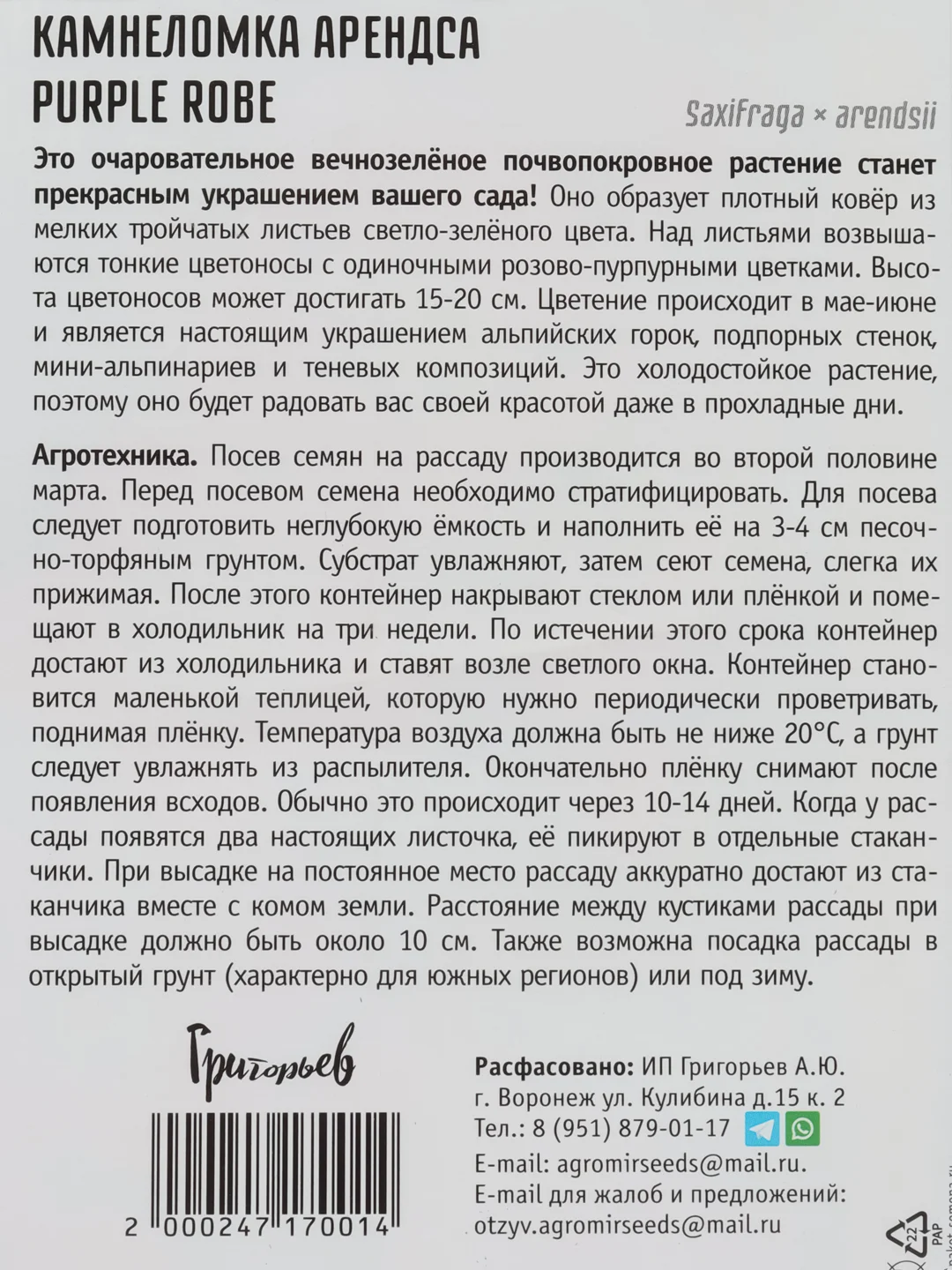 Камнеломка арендса Purple Robe (семена,цветы)