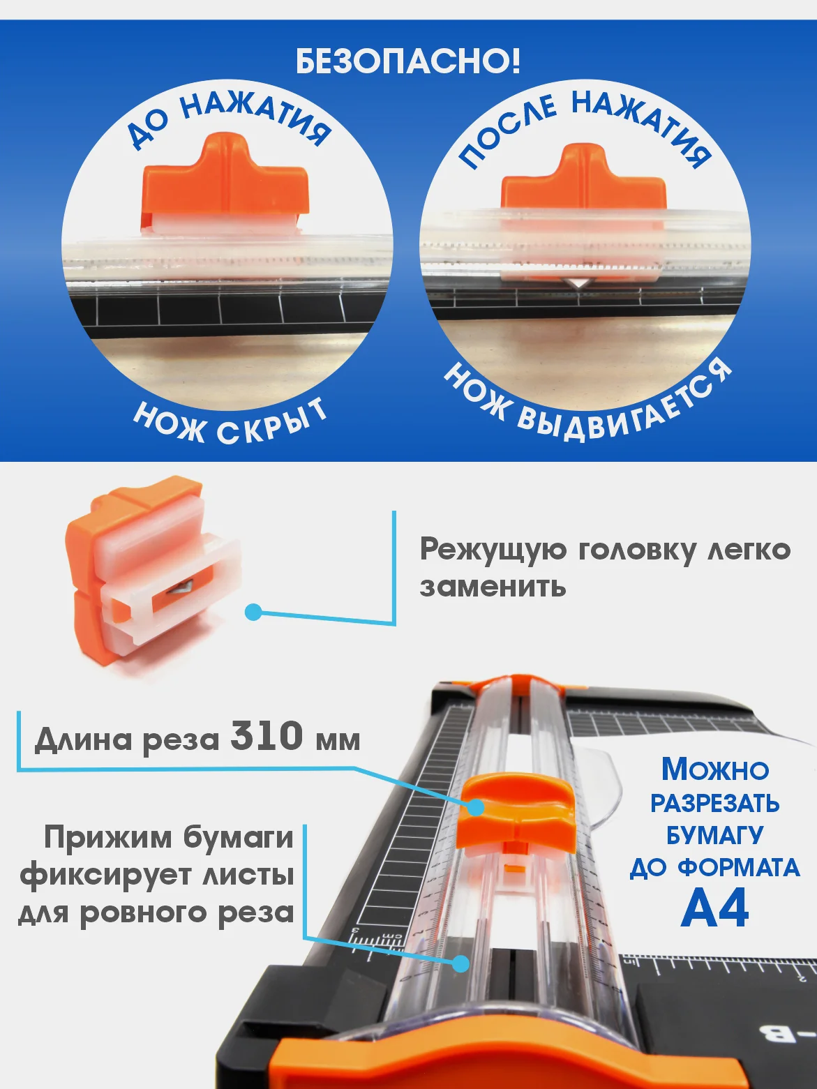 Резак роликовый для бумаги и скрапбукинга JLS А4-B, рез 310 мм, 12 листов