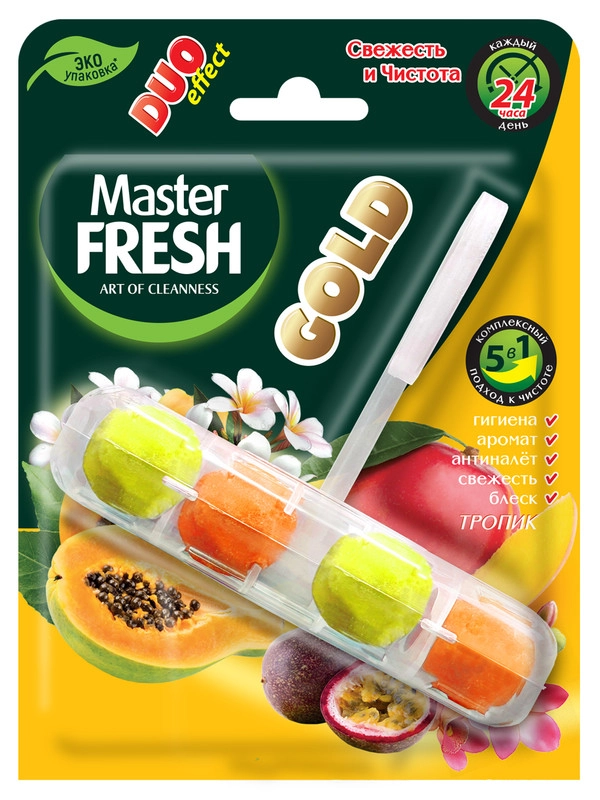 Master FRESH подвесной блок для унитаза DUO EFFECT 400 смываний 5в1 GOLD ТРОПИК, 1шт