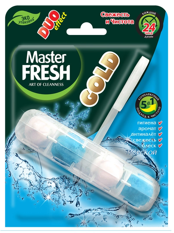 Master FRESH подвесной блок для унитаза DUO EFFECT 400 смываний 5в1 GOLD МОРСКОЙ, 1шт
