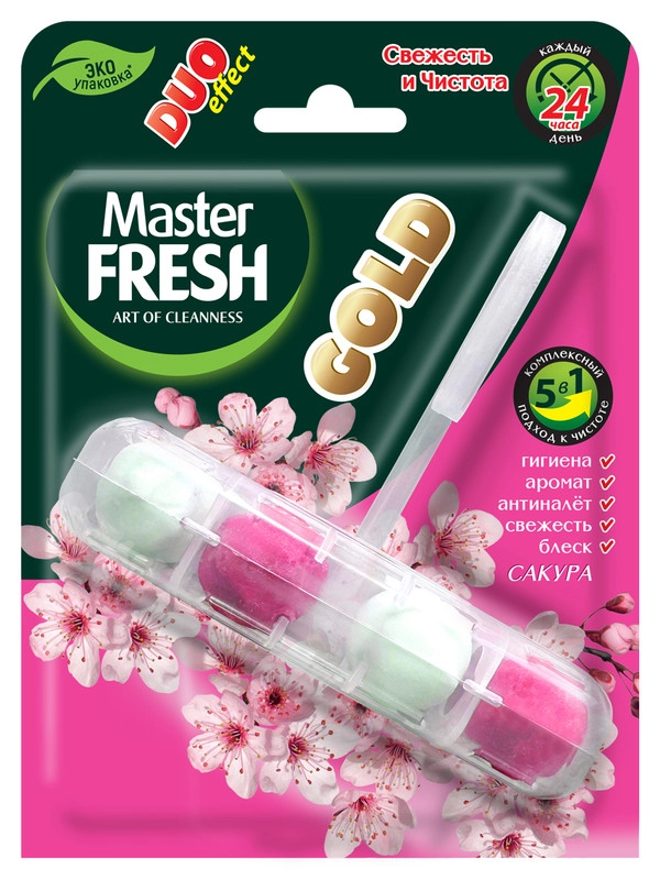 Master FRESH подвесной блок для унитаза DUO EFFECT 400 смываний 5в1 GOLD САКУРА, 1шт