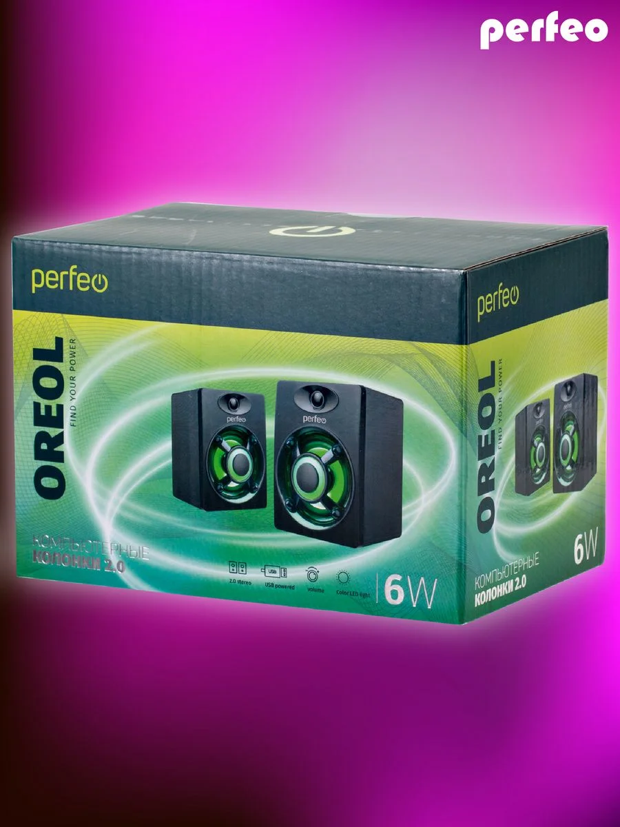 Perfeo колонки "OREOL", 2.0, мощность 2х3 Вт, LED подсветка 7 цв., чёрн, USB