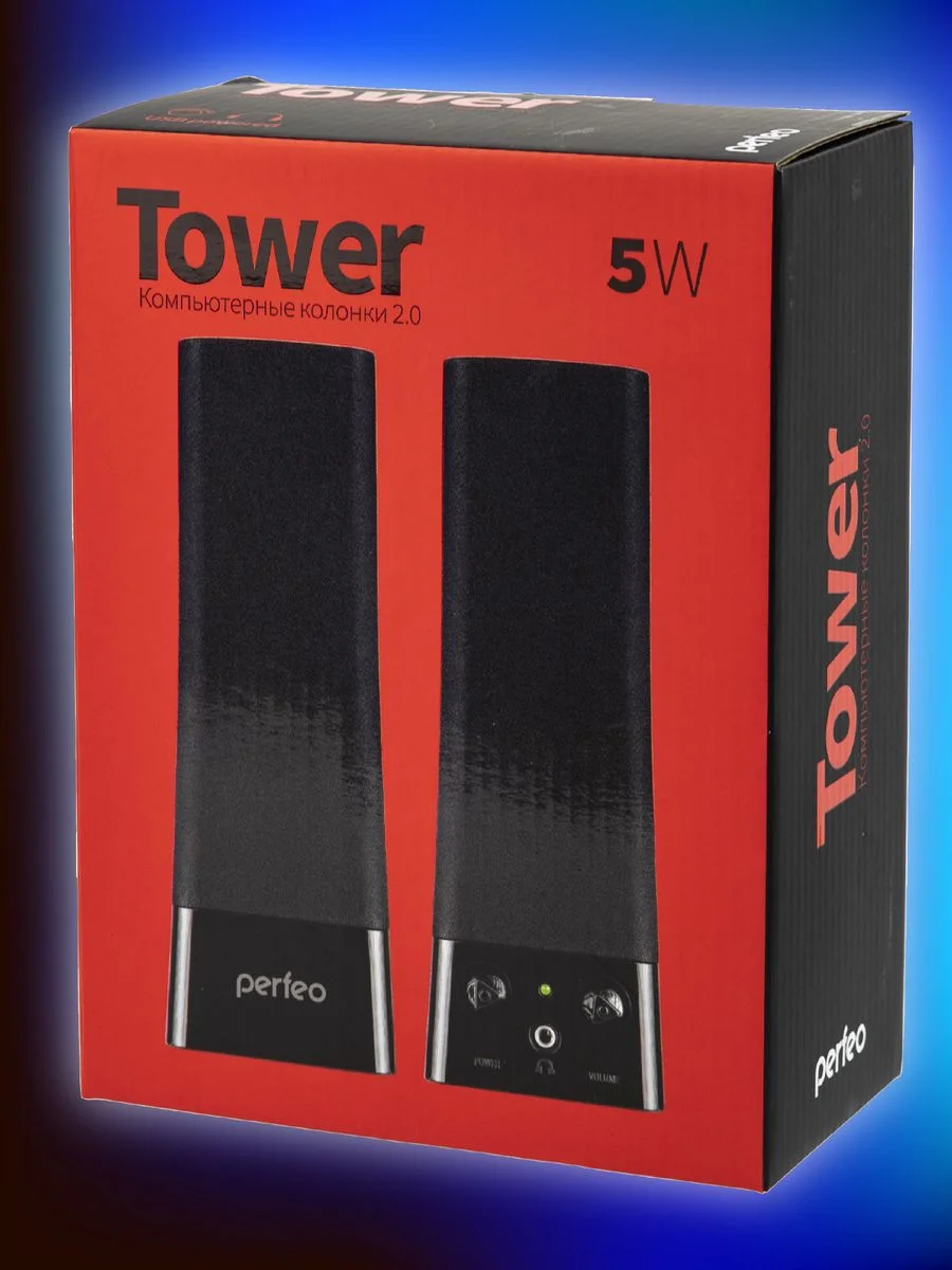 Колонки Perfeo Tower 2.0, мощность 2 х 2,5 Вт, USB, чёрные