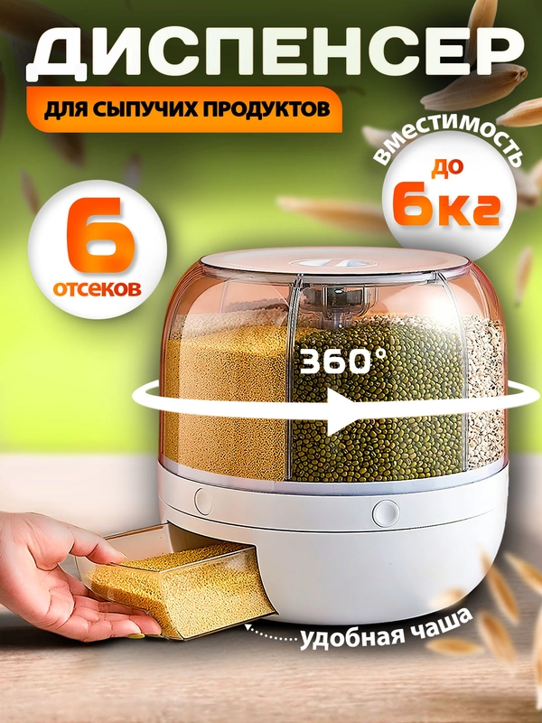 Контейнер-диспенсер, ёмкость с дозатором для сыпучих продуктов, вращающийся