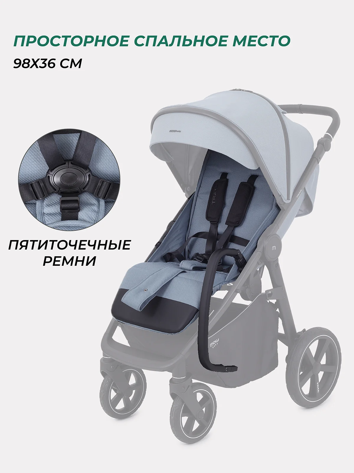 Голубой коляска прогулочная детская всесезонная с большими колесами MOWBaby Trail MB090
