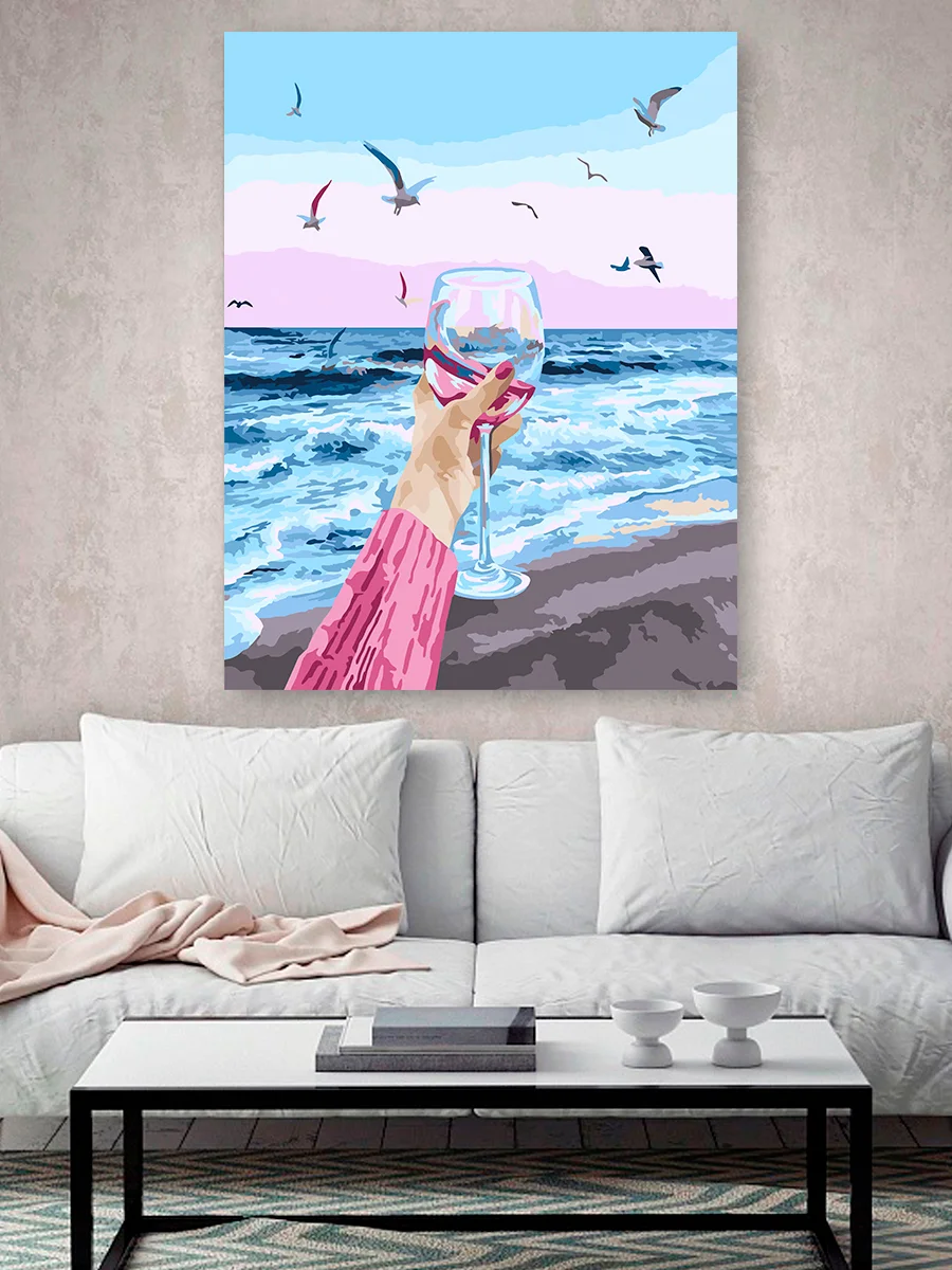 С бокалом у моря Картина по номерам на холсте с подрамником, 40 х 50, "Hobby Paint"