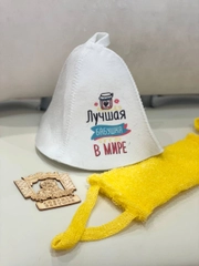Подарок бабушке/банный набор -шапка для бани, мочалка, деревянный магнит, силиконовая сумочка