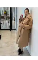 Бежевый пальто утепленное женское ОВЕРСАЙЗ