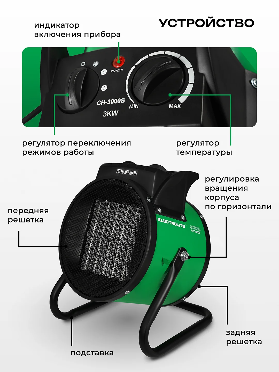 Пушка тепловая электрическая Electrolite CH 3000 S, 3 кВт, керамический нагреватель, 3 режима
