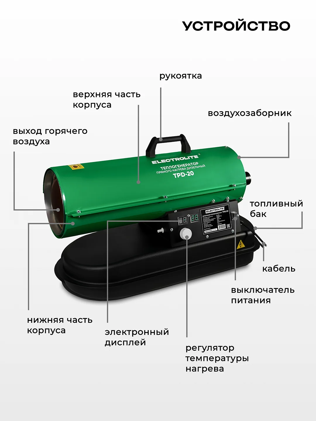 Дизельная тепловая пушка Electrolite TPD-20 (20000 Вт, 600 м3/час, 0.8 л/час, ТЕРМОСТАТ)