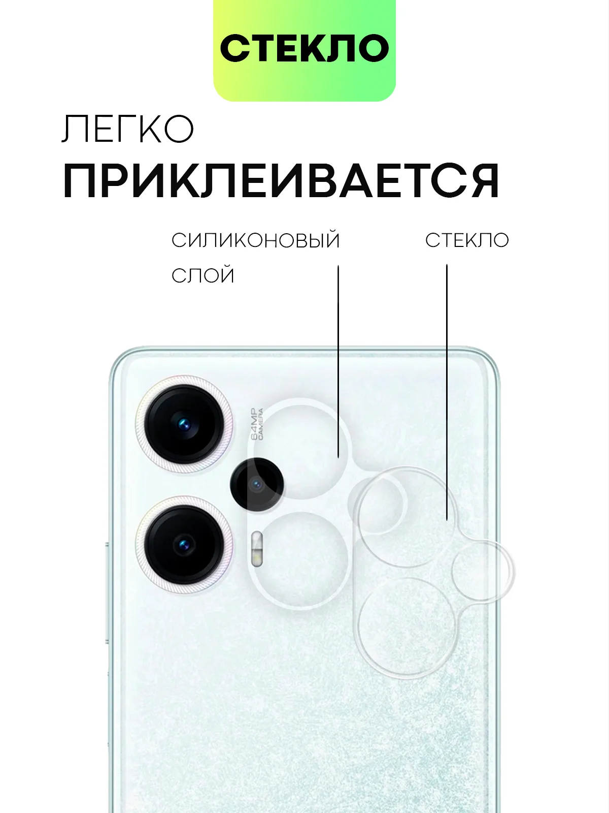 Прозрачный стекло на камеру для Xiaomi Poco F5, Redmi Note 12 Turbo защитное BROSCORP закаленное