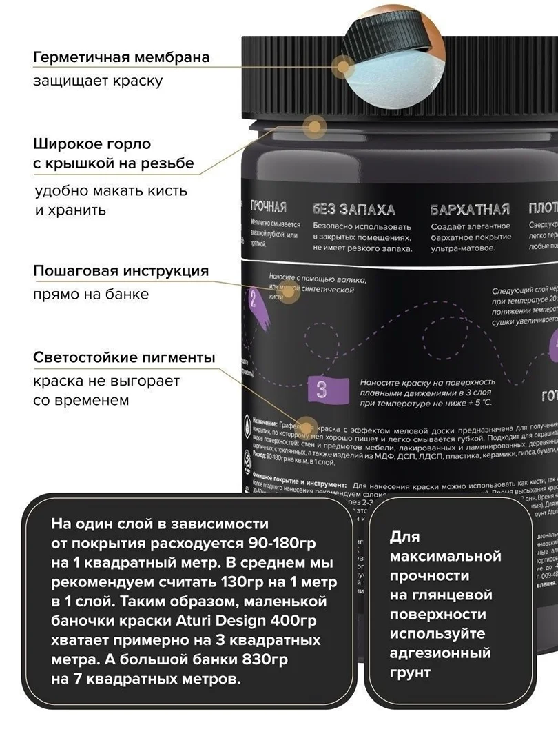 Черный грифельная краска Aturi Design Mia черная, для стен и мебели, быстросохнущая 0,4 кг