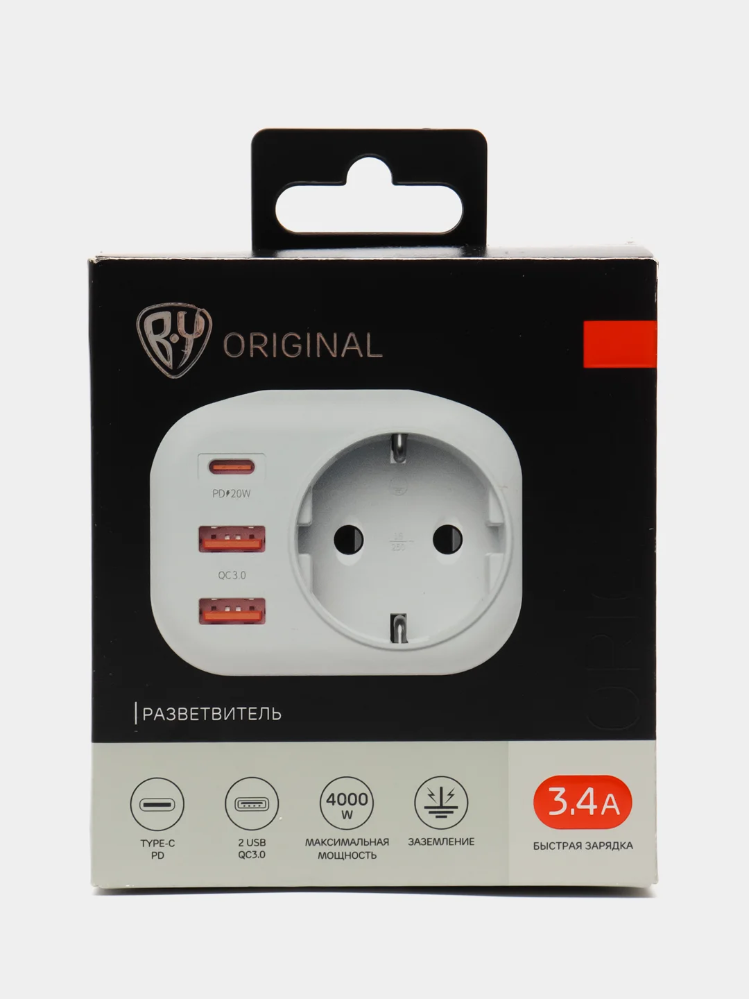 Разветвитель, 1 гнездо, 2xUSB-A QC3.0, USB-C PD, 3.4А, 16А, 4000Вт