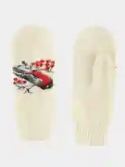 Молочный однотонные женские зимние варежки из натуральной шерсти, с рисунком "Снегирь на ветке"