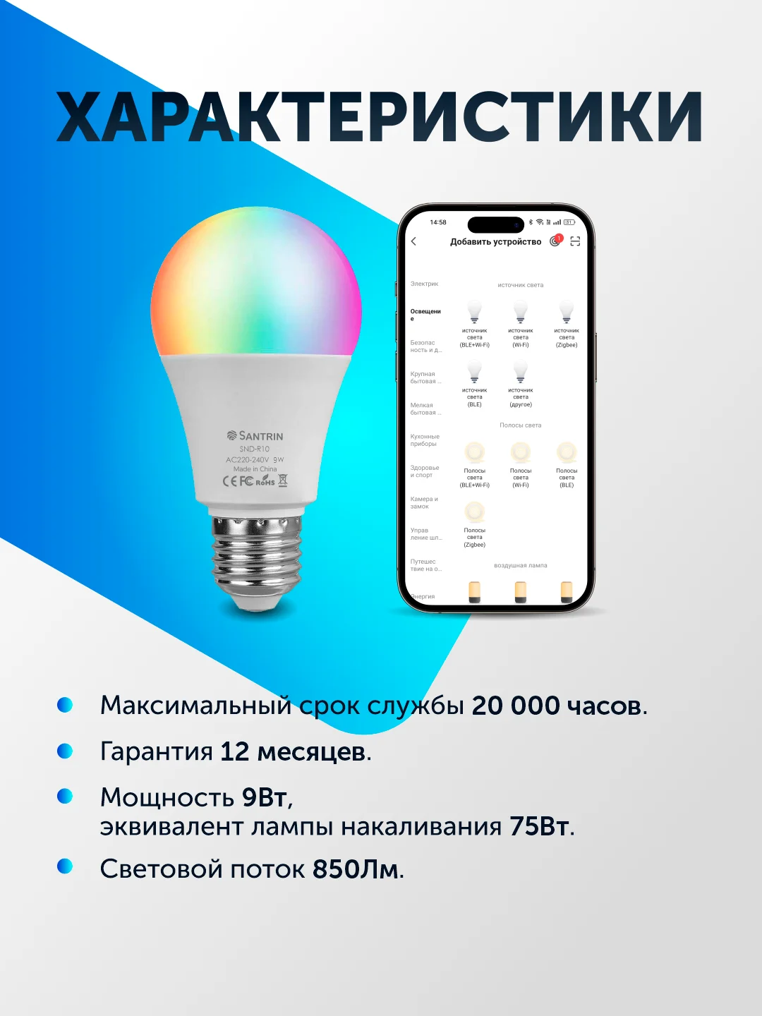 Умная лампочка, с Wi-Fi, светодиодная RGB, Tuya Smart, с Яндекс Алисой, 9Вт, Е27