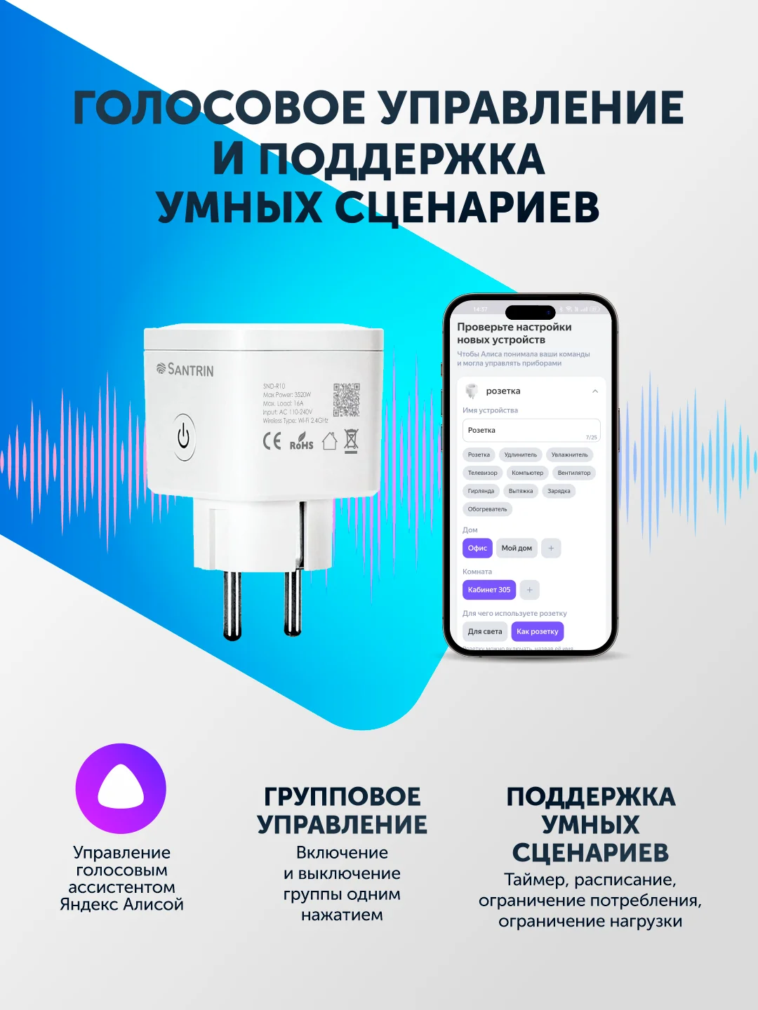 Умная розетка, с Wi-Fi, Tuya Smart, с Яндекс Алисой, 16А, мониторинг потребления, таймер