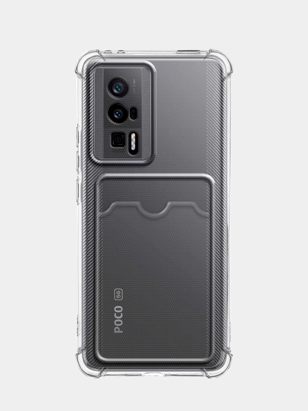 Прозрачный чехол для Xiaomi Poco F5 Pro противоударный BROSCORP с карманом для карт усиленными углами