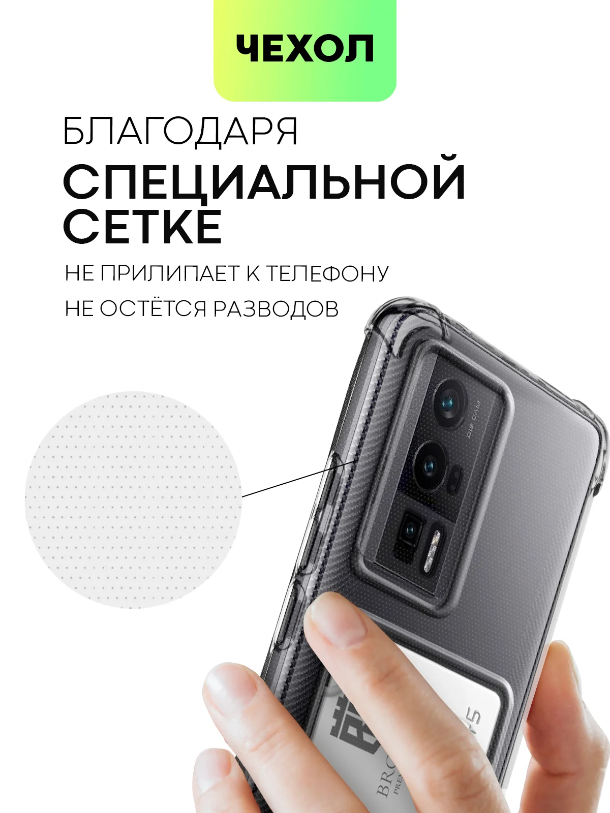 Прозрачный чехол для Xiaomi Poco F5 Pro противоударный BROSCORP с карманом для карт усиленными углами