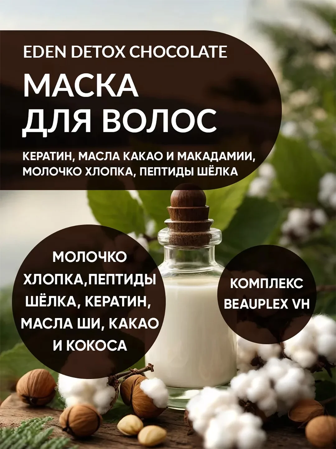 EDEN DETOX Маска для волос питательная с кератином и пептидами шелка Chocolate, 250 мл