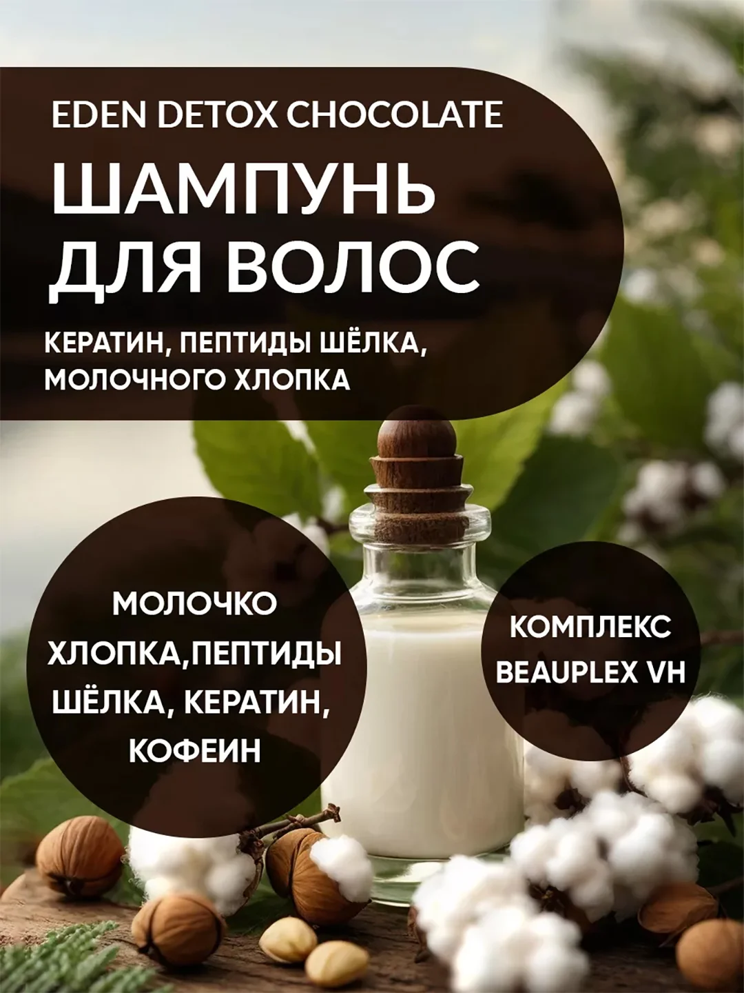 Шампунь для волос EDEN DETOX Chocolate, восстанавливающий, с пептидами шелка, 350 мл