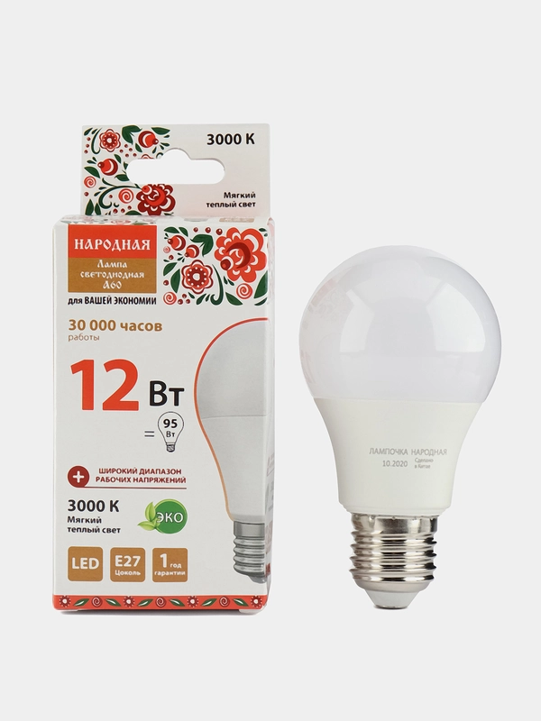 Светодиодная лампа TDM LED A60, 12Вт, 230В, 3000К, Е27, 60х108 мм, Народная, 1шт/ 3шт