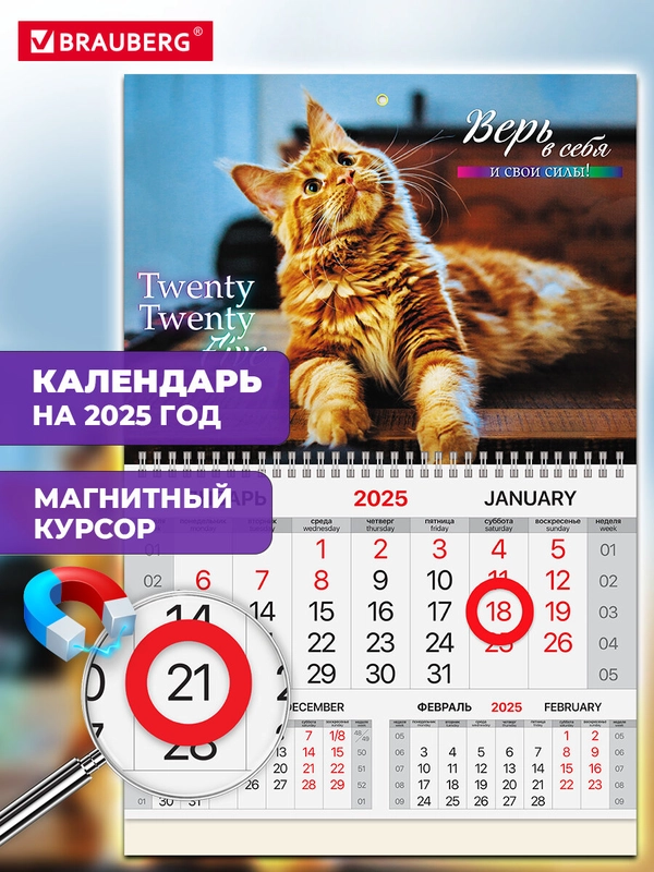 Календарь настенный на 2025 год квартальный, 1 блок, магнитный курсор, Brauberg Котик