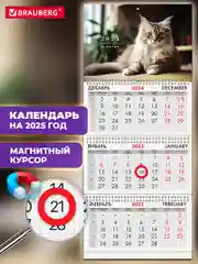 Календарь настенный на 2025 год квартальный, 3 блока, магнитный курсор, Brauberg Котик