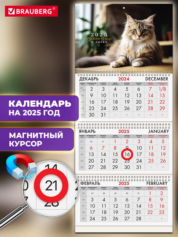Календарь настенный на 2025 год квартальный, 3 блока, магнитный курсор, Brauberg Котик