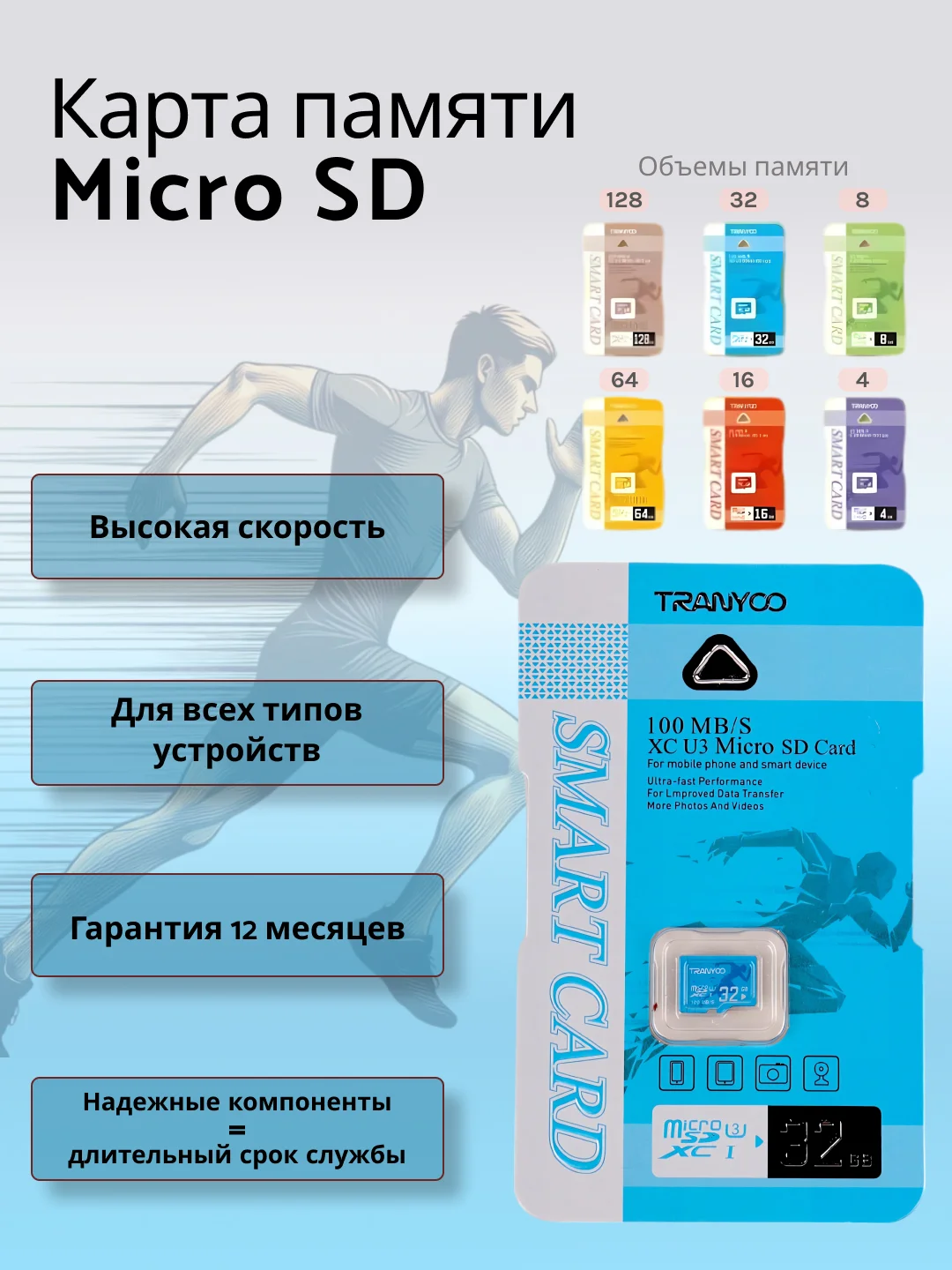 Карта памяти Tranyoo microSD 4/8/16/32/64/128GB, Class10 micro SD, микро сд флешка