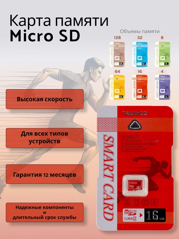 Карта памяти Tranyoo microSD 4/8/16/32/64/128GB, Class10 micro SD, микро сд флешка