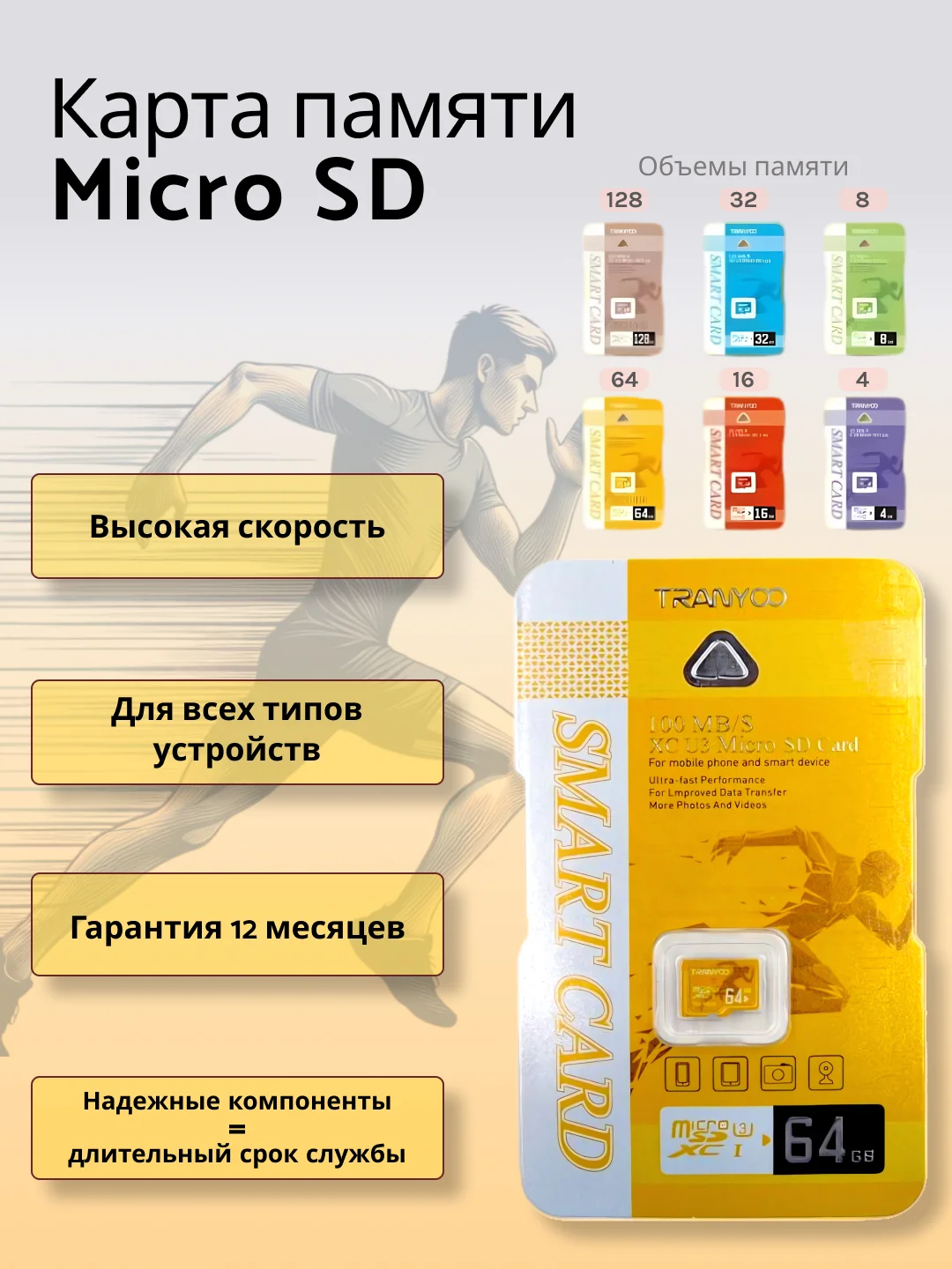 Карта памяти Tranyoo microSD 4/8/16/32/64/128GB, Class10 micro SD, микро сд флешка