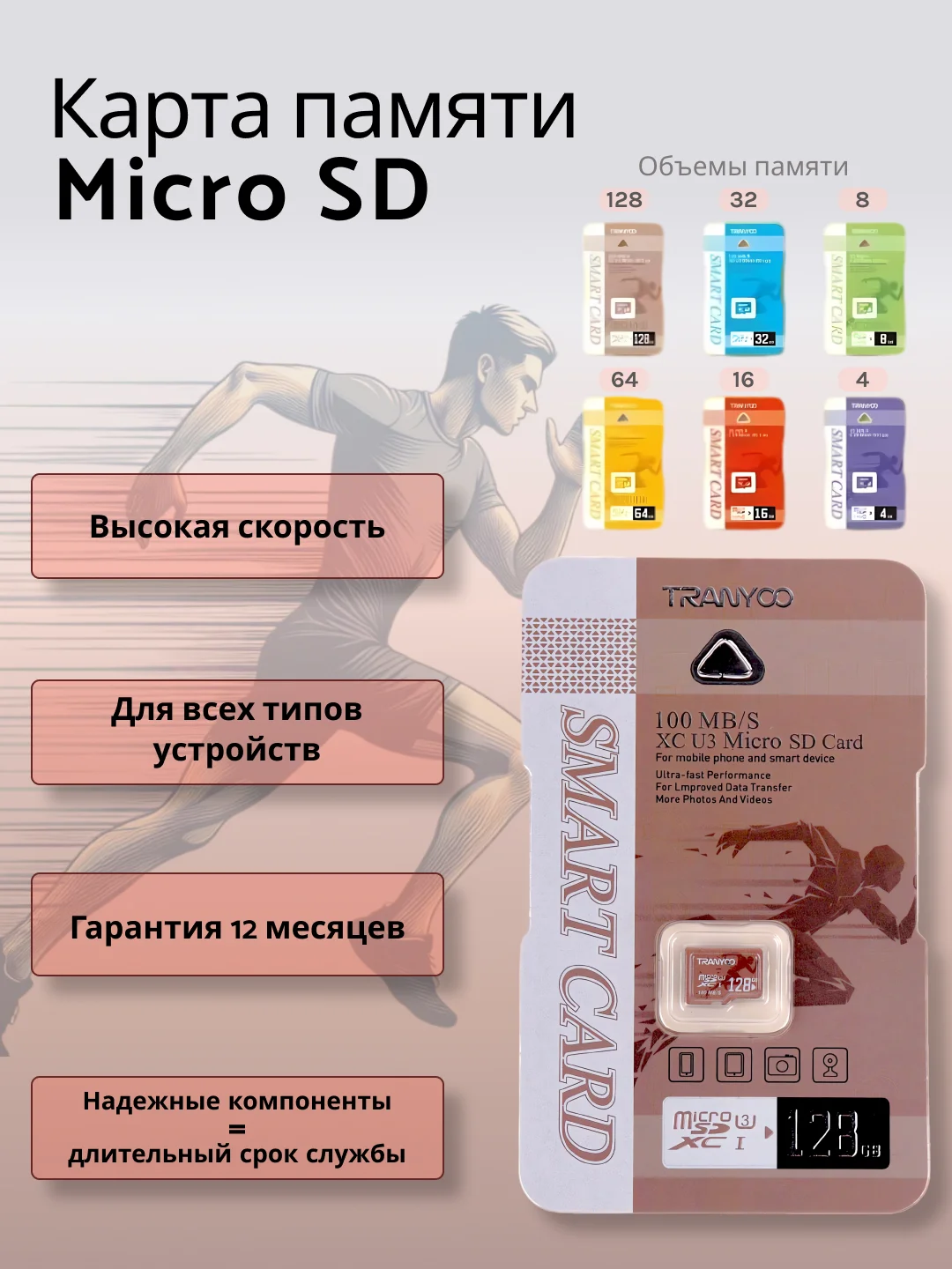 Карта памяти Tranyoo microSD 4/8/16/32/64/128GB, Class10 micro SD, микро сд флешка
