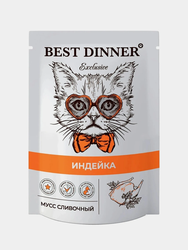 Влажный корм для кошек Best Dinner, Мусс сливочный, Индейка, 85 г, 24 штуки
