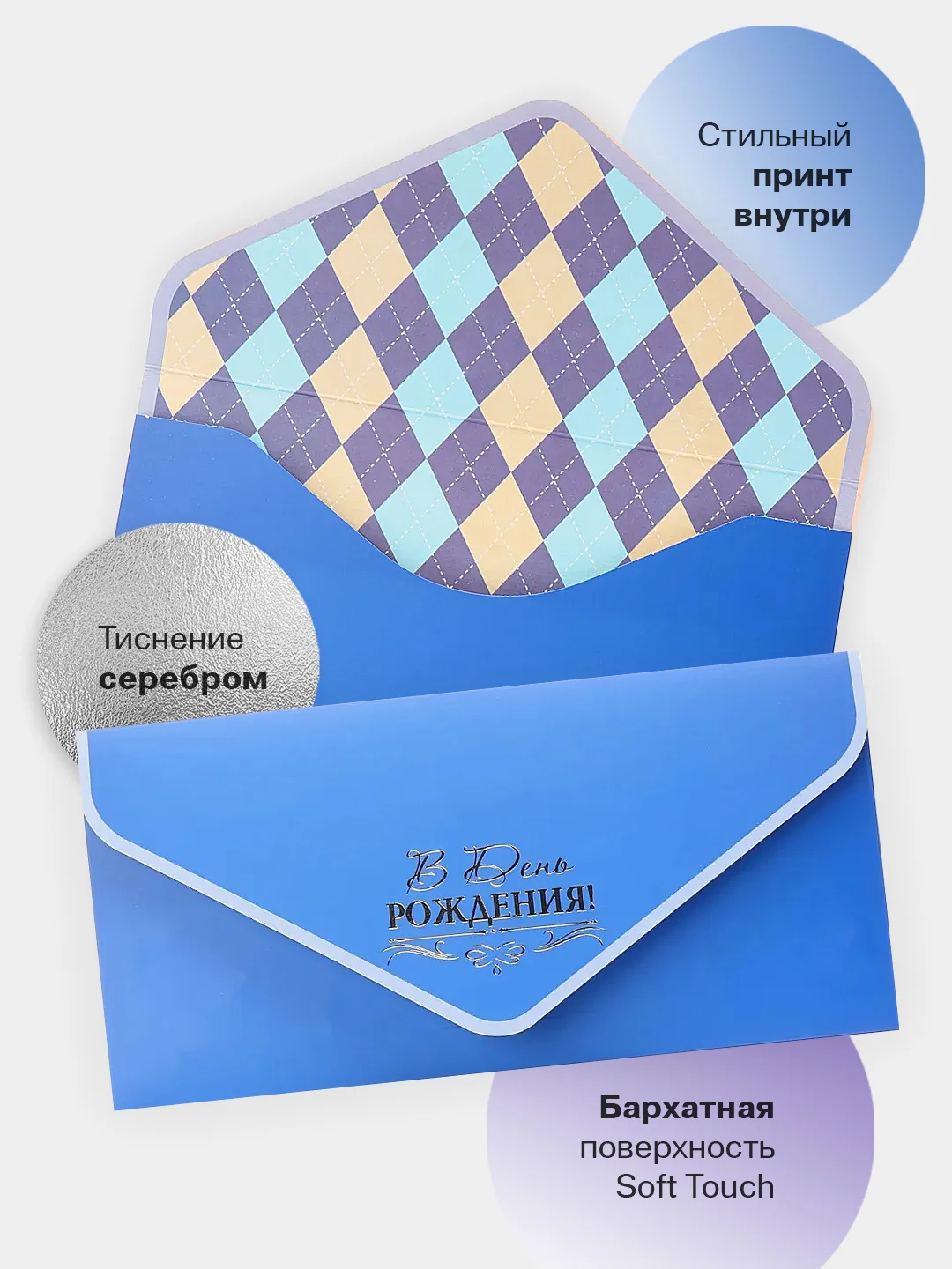 Синий конверт-открытка подарочный для денег "С днём рождения", 76 видов