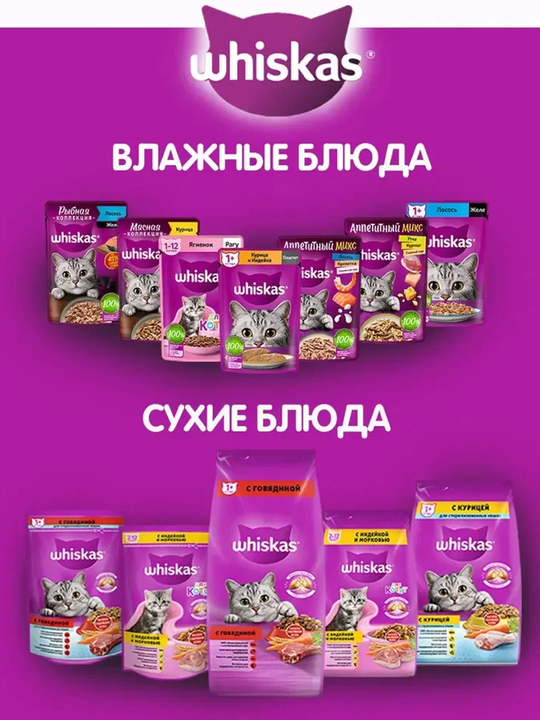 Влажный корм для кошек WHISKAS, паштет с уткой, 28 штук по 75 г