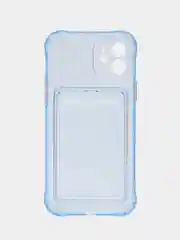 Голубой чехол iPhone, Айфон 12, прозрачный, силиконовый, с карманом для карт