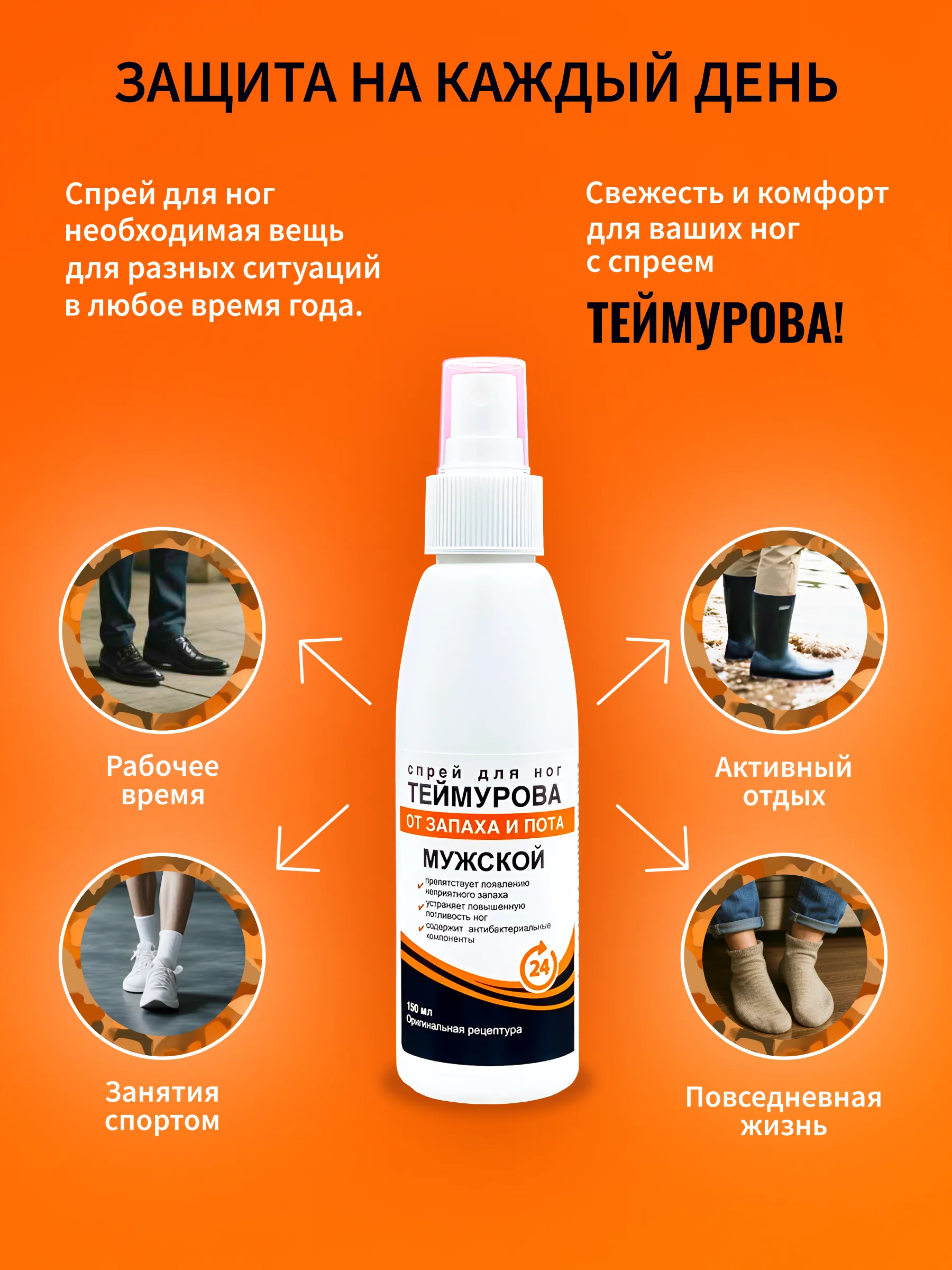 Спрей для ног Теймурова, дезодорант от запаха и пота, МУЖСКОЙ 150 мл