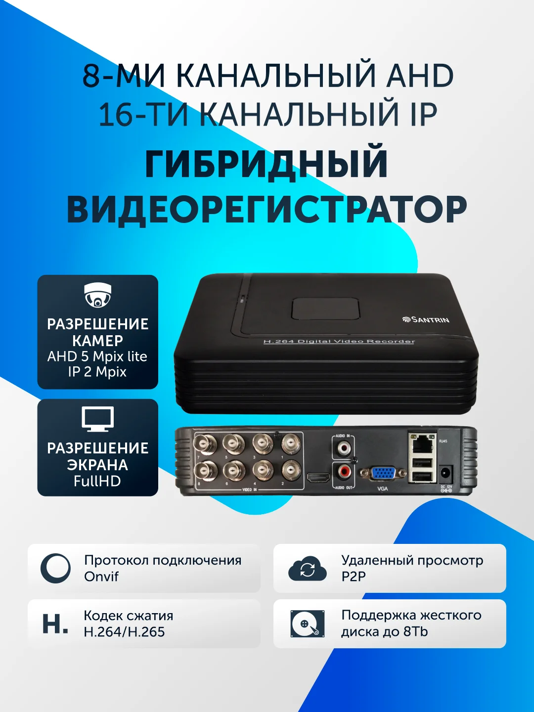 Видеорегистратор гибридный мультиформатный 4-8 каналов AHD 5Mp IP 2Mp видеонаблюдение