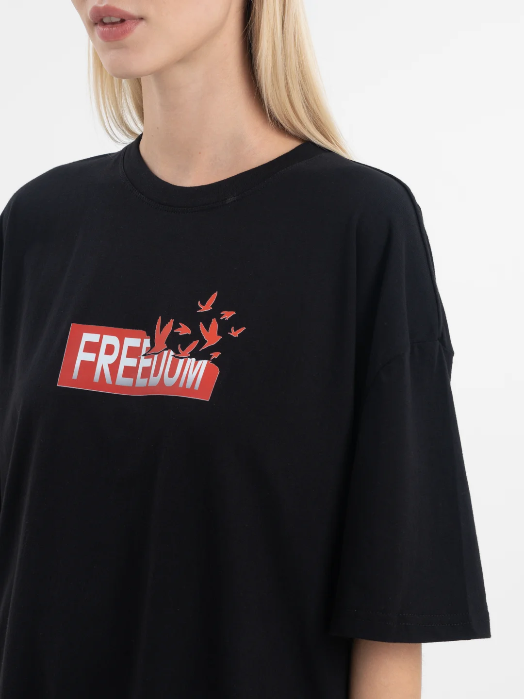Черный футболка оверсайз "Freedom" унисекс, с принтом, хлопок, Oversize T-Shirt printed, cotton