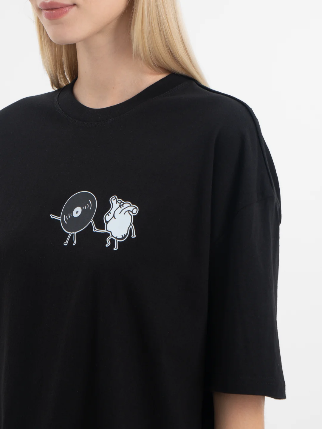 Черный футболка оверсайз "My heart" унисекс, с принтом, хлопок, Oversize T-Shirt printed, cotton
