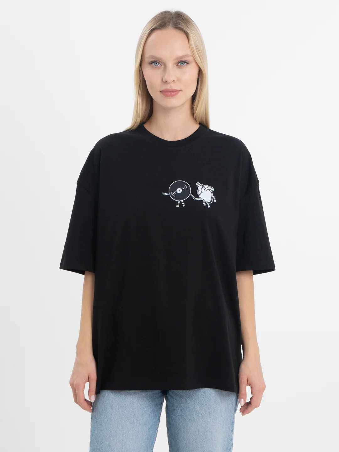 Черный футболка оверсайз "My heart" унисекс, с принтом, хлопок, Oversize T-Shirt printed, cotton