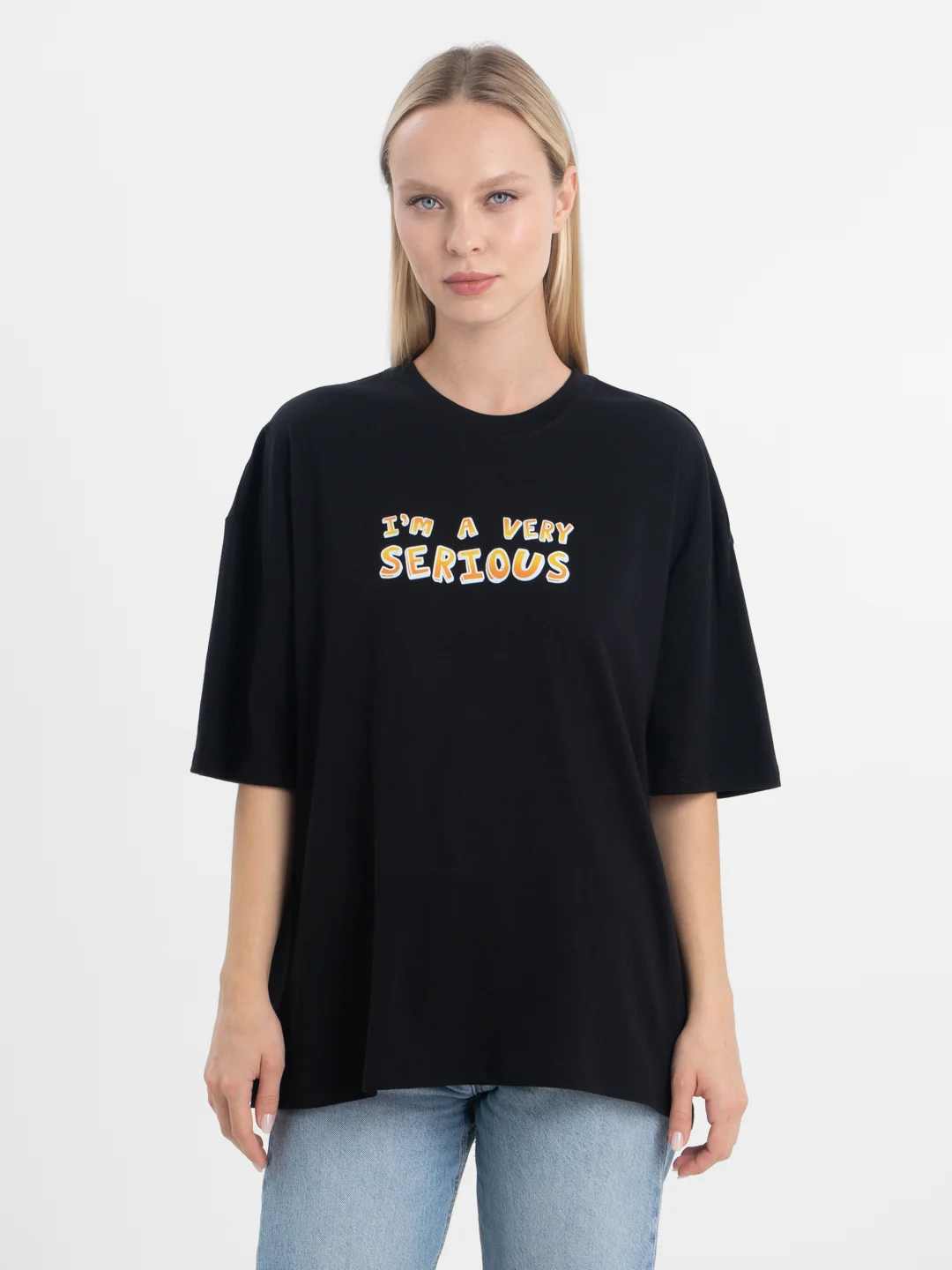 Черный футболка оверсайз "Very Serious" унисекс, с принтом, хлопок, Oversize T-Shirt printed