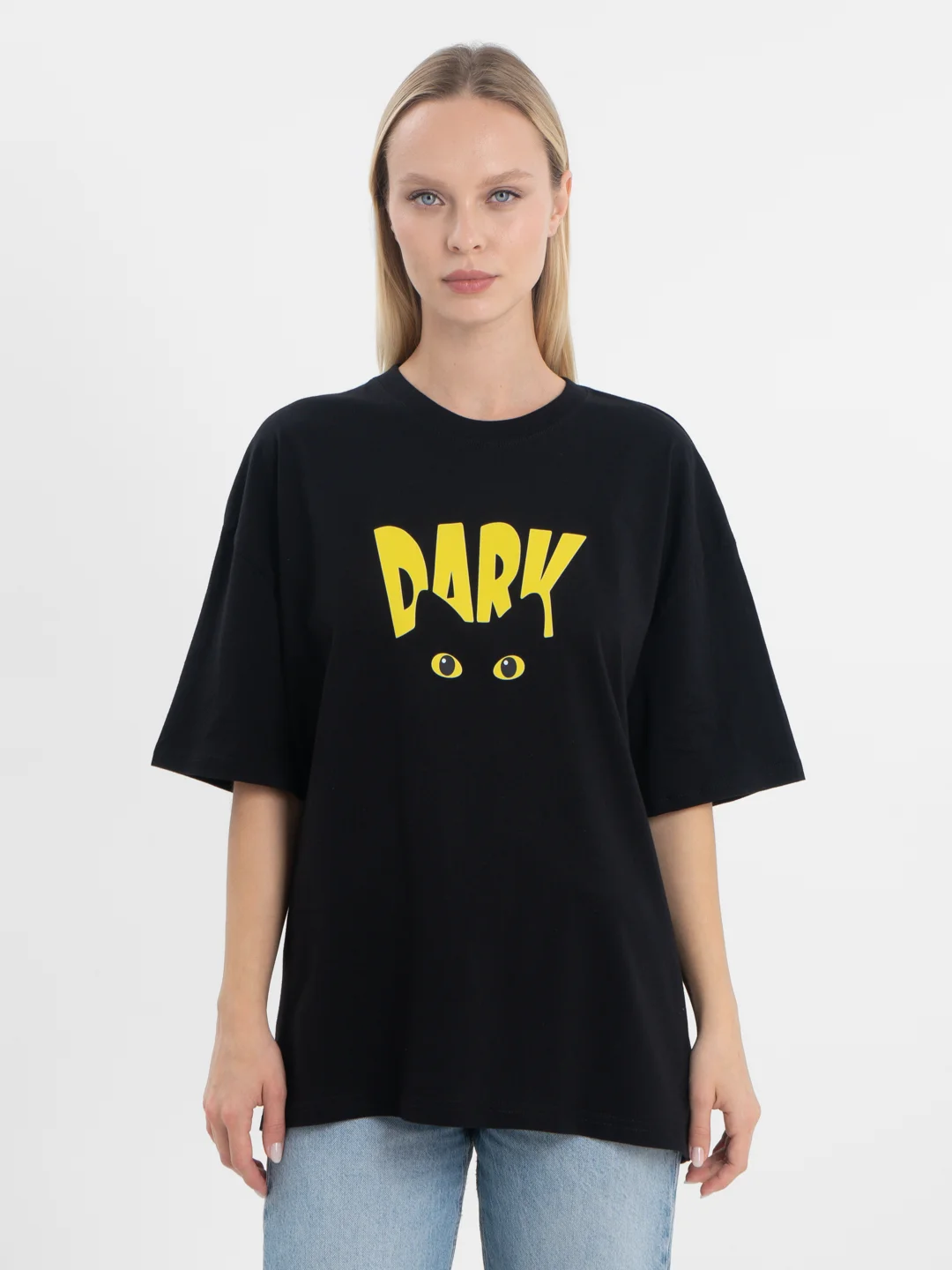 Черный футболка оверсайз "DARK CAT" унисекс, с принтом, хлопок, Oversize T-Shirt printed, cotton