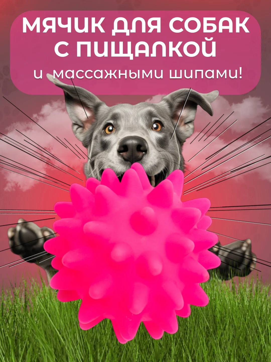 Розовый игрушка для собак "Мяч-пищалка", массажная, с колючками