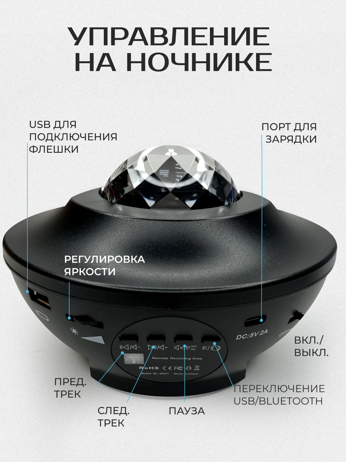 Черный ночник-проектор звездное небо Планетарий , bluetooth колонка, пульт / Детский ночник