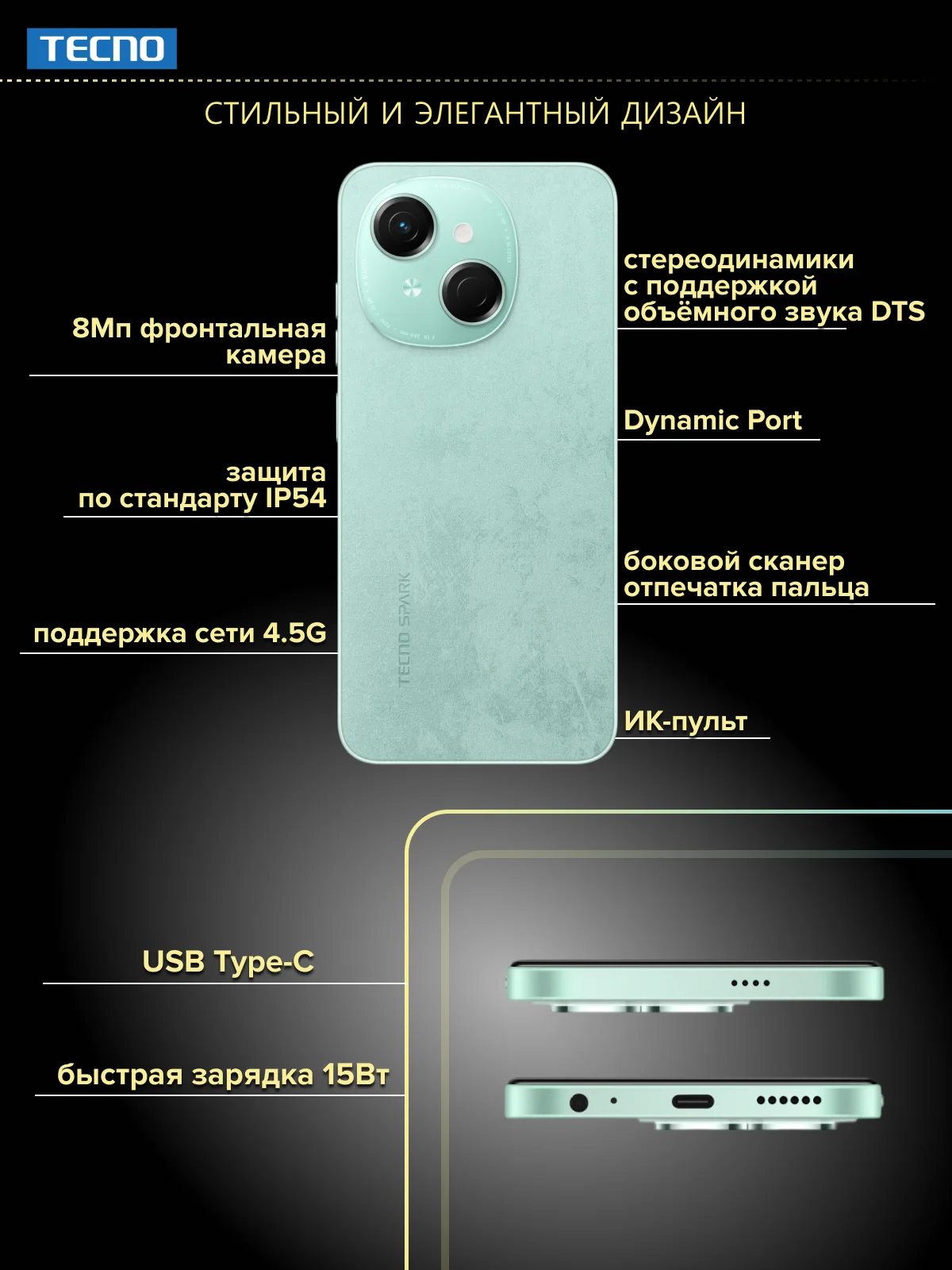 Зеленый смартфон Tecno Spark Go 1 4/64Гб