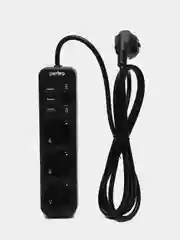 Черный сетевой фильтр "POWER STREAM", 2500W, двойная защита, 2м, 3 розетки, 3 USB
